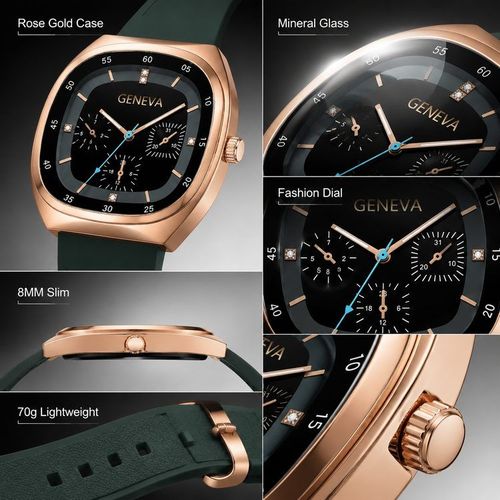 First Batch — Ion-Plated Rose Gold Square Watch with Green Strap | Free Delivery