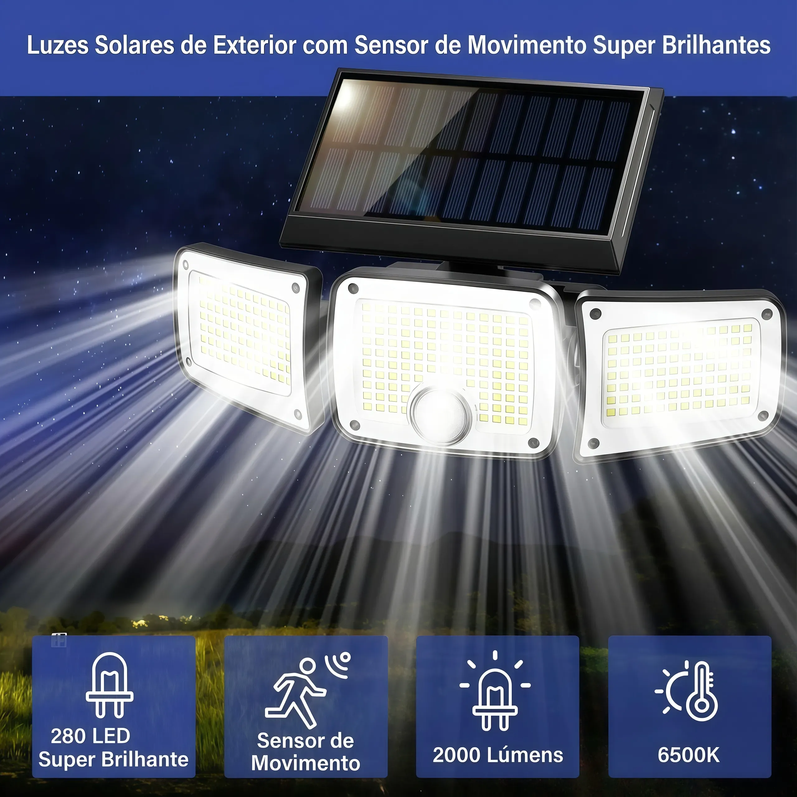 Holofote Solar Super Potente (222 LED) com Sensor e Controle - Conta de Luz 0 Kz