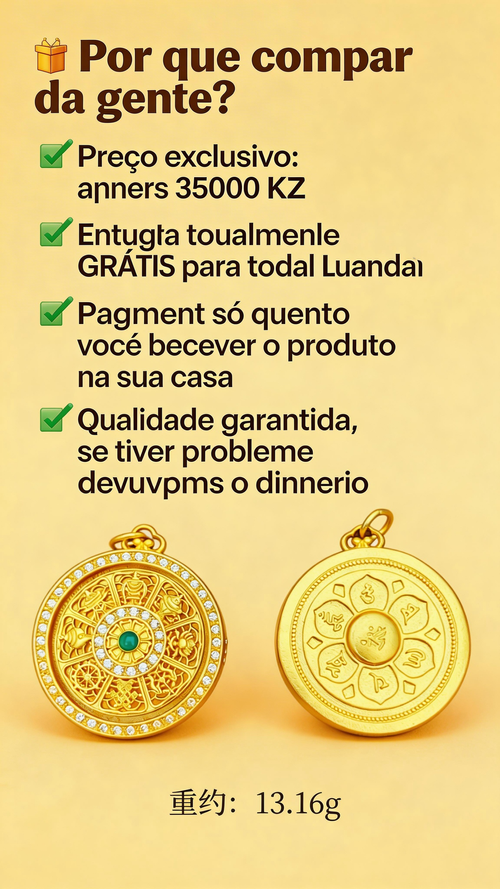 Pingente Giratório Dourado da Sorte Unissex | Apenas 35000 KZ | Entrega Grátis em Luanda, Pagamento na Entrega