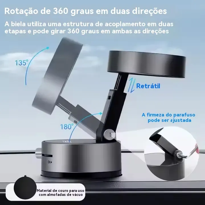 Suporte Premium 360° para Carro – Rotação Dupla, Retrátil e Base de Sucção Ultra Forte