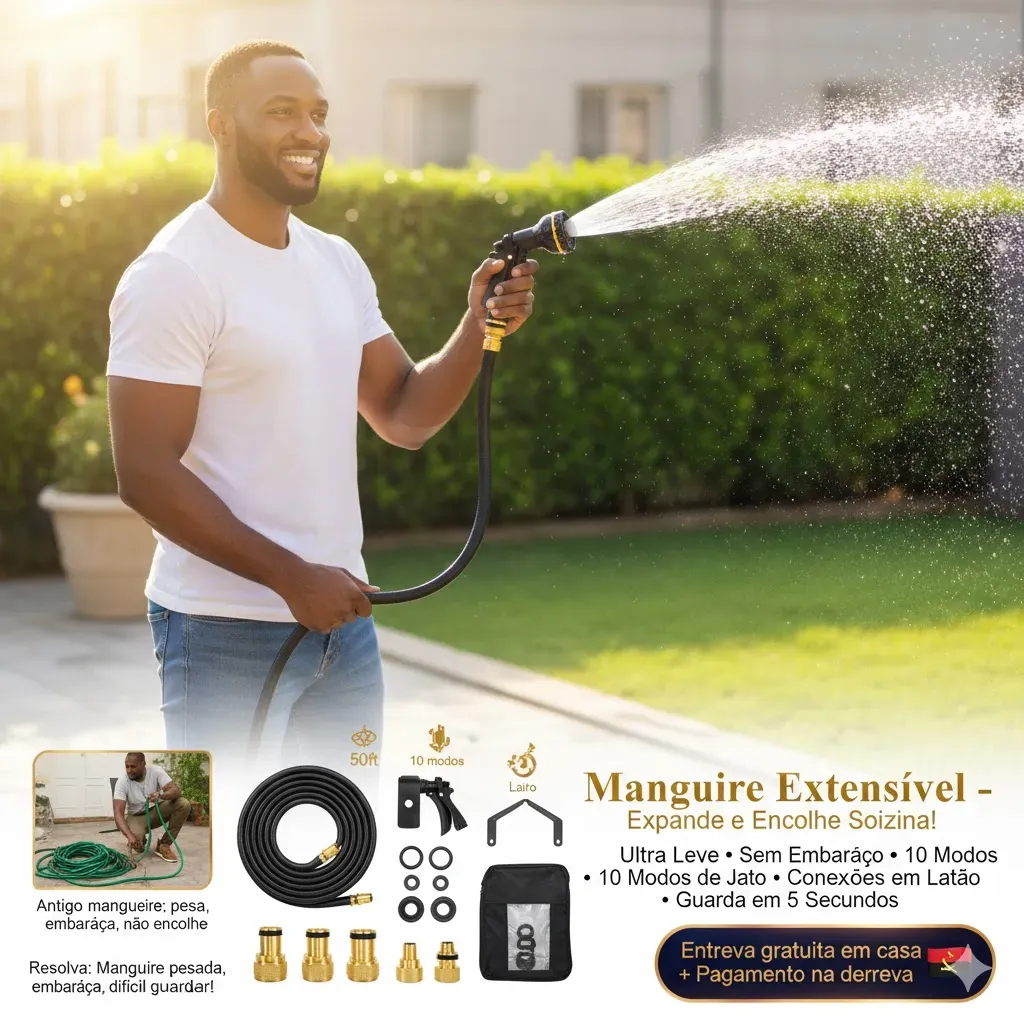 💦 Mangueira Extensível Premium — Forte, Flexível e Sem Embaraço! 🔥Ultra leve • 10 modos de jato • Conexões em latão • Ideal para casa e jardim