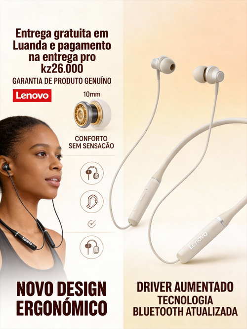 Fone de Ouvido Lenovo Colar Bluetooth Com Conforto Sem Sensação Entrega Gratuita em Luanda
