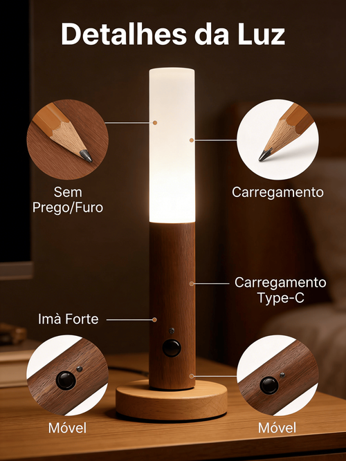 Luz Noturna Inteligente com Sensor Humano Madeira para Entrada Corredor Cama e Varanda Carregável
