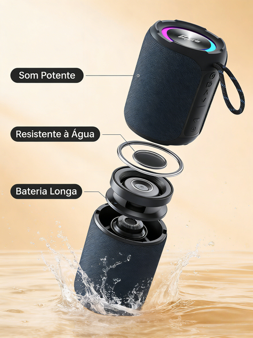 Caixa de Som Bluetooth Portátil Subwoofer 40W Impermeável para Exterior e Mesa