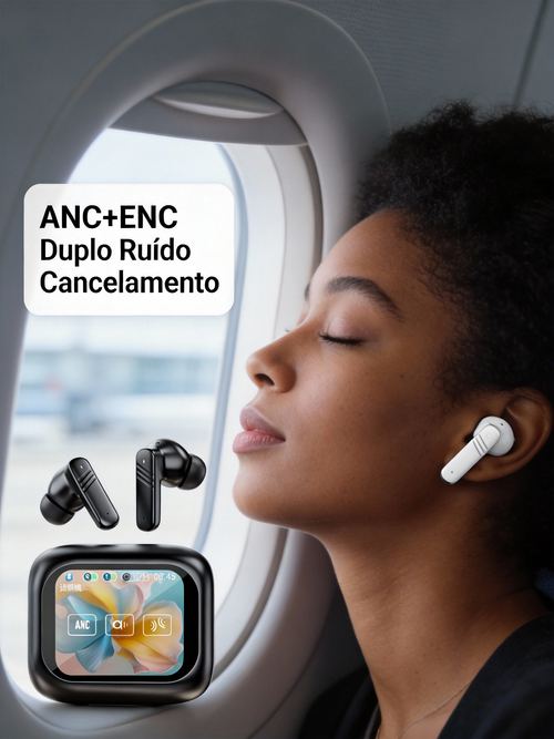 Fones de Ouvido Bluetooth com ANC Noise Cancelling e Tela Touch Colorida