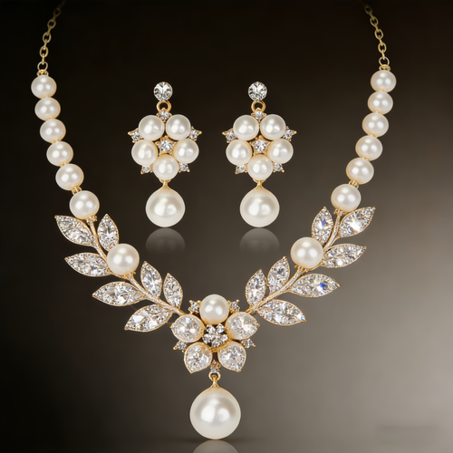 Conjunto de Colar e Brincos Pérola Falsa  Zirconia  Estilo Vintage FolhaFlor, Ideal para Noivas, FestaseDia a Dia