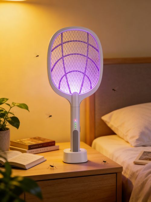 Racket Anti-Mosquito Elétrica com Luz de Atração Carregável por USB Modo Plegável