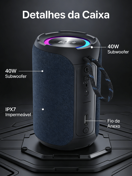 Caixa de Som Bluetooth Portátil Subwoofer 40W Impermeável para Exterior e Mesa