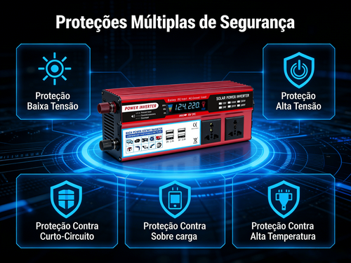 Inversor de Energia 2000W para Veículo Fonte Fotovoltaica com Múltiplas Tomadas e 4 Portas USB de Carga Rápida