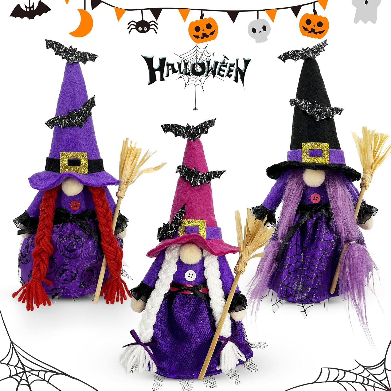 Lovinland 3pcs Hocus Pocus Witches Gnomes with Broom for Hocus Pocus Halloween Decorations Indoor Halloween Witches Swedish Tomte Elf Gnomes for Halloween Hocus Pocus Home Table Decor