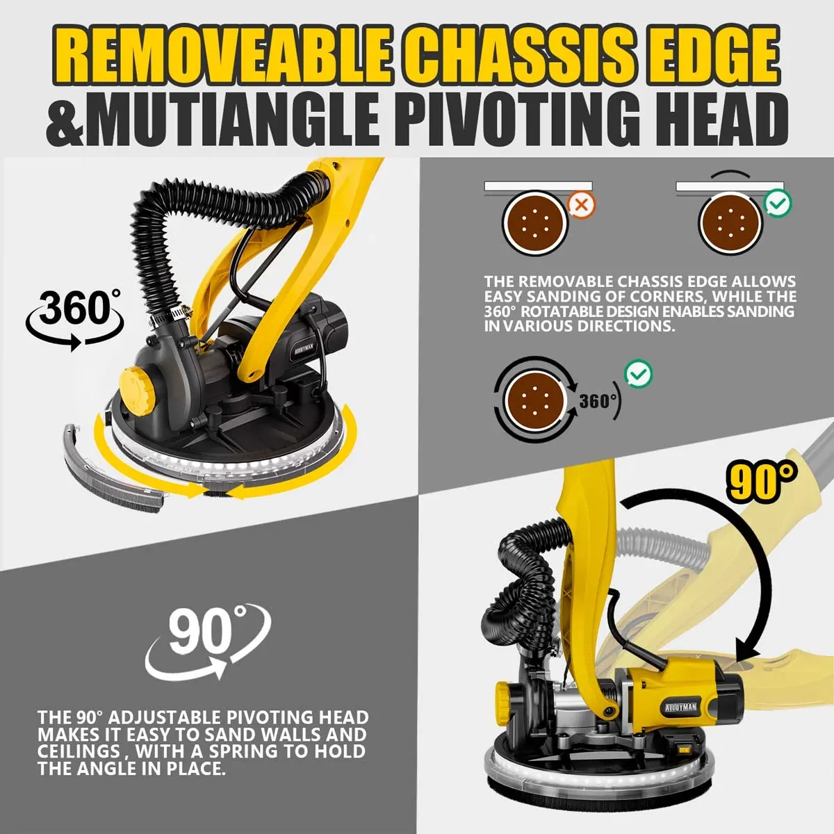 1050W Electric Drywall Sander with Vacuum, 7-Speed, 2100RPM