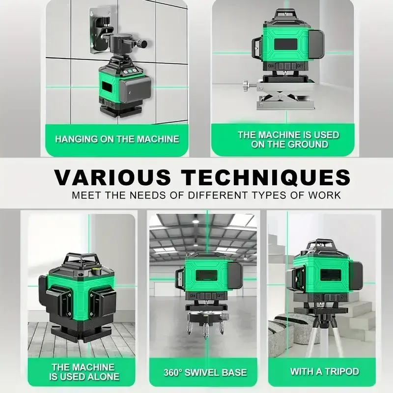 16 Lines 4D Laser Level - 360° Self-Leveling Rotary Cross Line Measure with 2 Batteries for Accurate Distance and Angle Measurements
