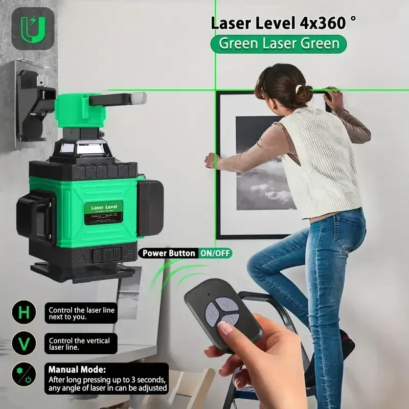 16 Lines 4D Laser Level - 360° Self-Leveling Rotary Cross Line Measure with 2 Batteries for Accurate Distance and Angle Measurements
