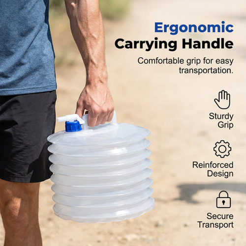 20 liters Folds flat, stores small. Leak‑proof tap, easy pour. Perfect for camping