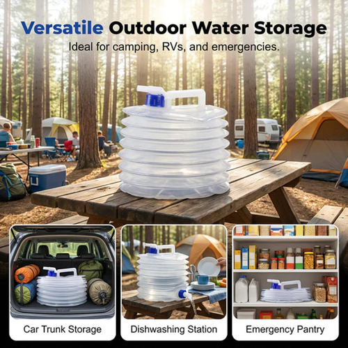 20 liters Folds flat, stores small. Leak‑proof tap, easy pour. Perfect for camping