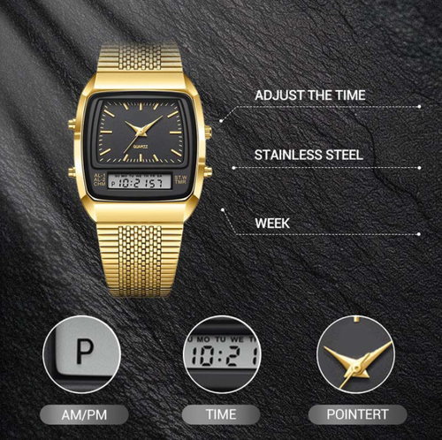 Retro Style Square Face Multifunction Watch – Dual Display, Zinc Alloy, Stainless Steel ✨