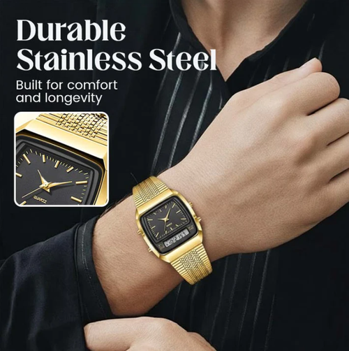 Retro Style Square Face Multifunction Watch – Dual Display, Zinc Alloy, Stainless Steel ✨