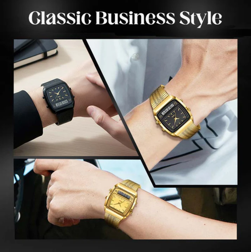 Retro Style Square Face Multifunction Watch – Dual Display, Zinc Alloy, Stainless Steel ✨
