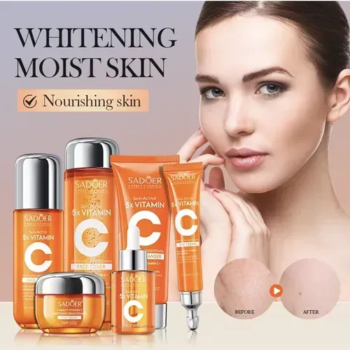The Five-Dimensional C Brightening Skin Care Set includes six items: facial cleanser, water, essence, lotion, cream, and eye cream