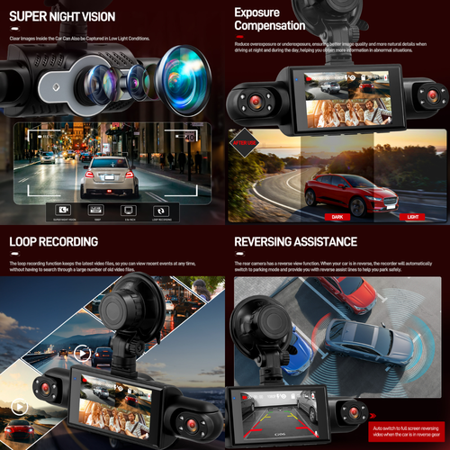 Four-lens monitoring dashcam with 1080P front, left, right, and rear cameras, plus reversing camera.