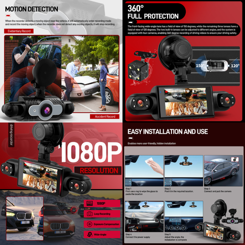 Four-lens monitoring dashcam with 1080P front, left, right, and rear cameras, plus reversing camera.
