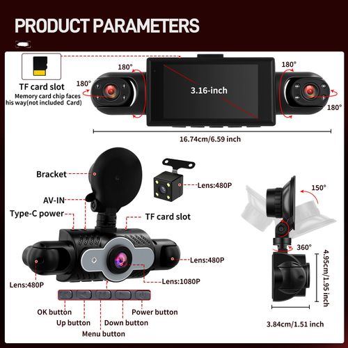 Four-lens monitoring dashcam with 1080P front, left, right, and rear cameras, plus reversing camera.