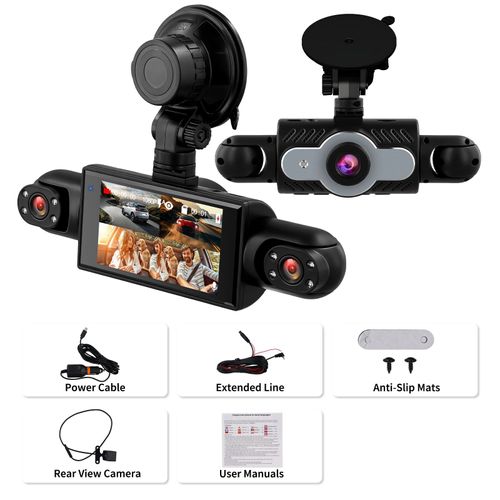 Four-lens monitoring dashcam with 1080P front, left, right, and rear cameras, plus reversing camera.