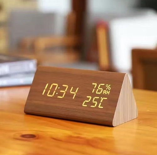 LED digital alarm clock, multifunctional wooden clock with voice control, humidity, temperature, week and time display, large screen, adjustable brightness, multiple alarm tones