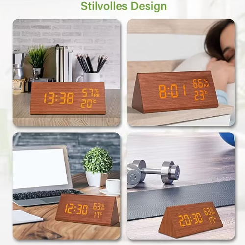 LED digital alarm clock, multifunctional wooden clock with voice control, humidity, temperature, week and time display, large screen, adjustable brightness, multiple alarm tones