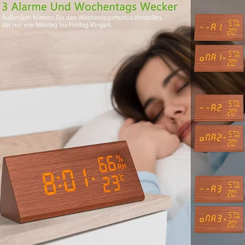 LED digital alarm clock, multifunctional wooden clock with voice control, humidity, temperature, week and time display, large screen, adjustable brightness, multiple alarm tones