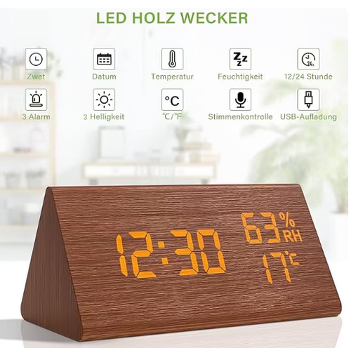 LED digital alarm clock, multifunctional wooden clock with voice control, humidity, temperature, week and time display, large screen, adjustable brightness, multiple alarm tones