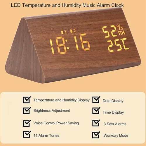 LED digital alarm clock, multifunctional wooden clock with voice control, humidity, temperature, week and time display, large screen, adjustable brightness, multiple alarm tones