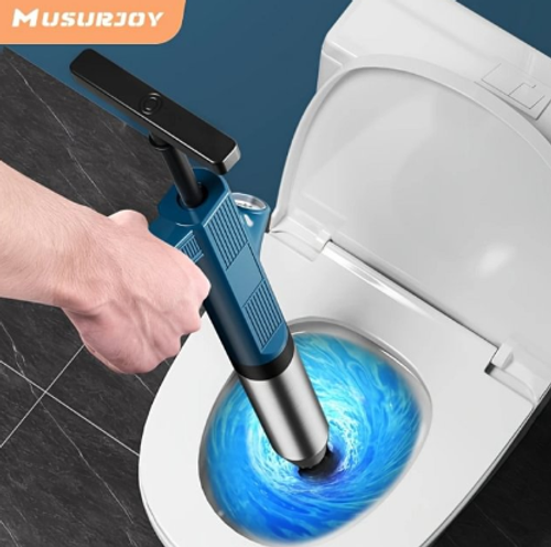 Drain Unclogger, Toilet Plunger Set, Drain Blockage Removal Tool, High Pressure Air Drain Gun with Visual Air Pressure Gauge, Stainless Steel for Bathroom Washroom - Kitchen Sinks - Floor Drains