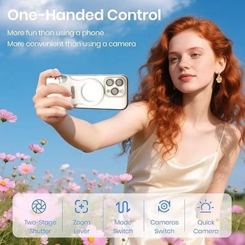 Magnetic Phone Camera Grip, Smartphone Shooting Holder Selfie Handle Snap with Wireless Shutter Button Cellphone Vlog Video Photography