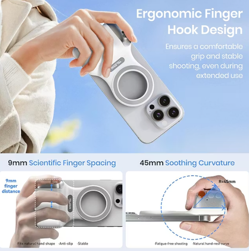 Magnetic Phone Camera Grip, Smartphone Shooting Holder Selfie Handle Snap with Wireless Shutter Button Cellphone Vlog Video Photography