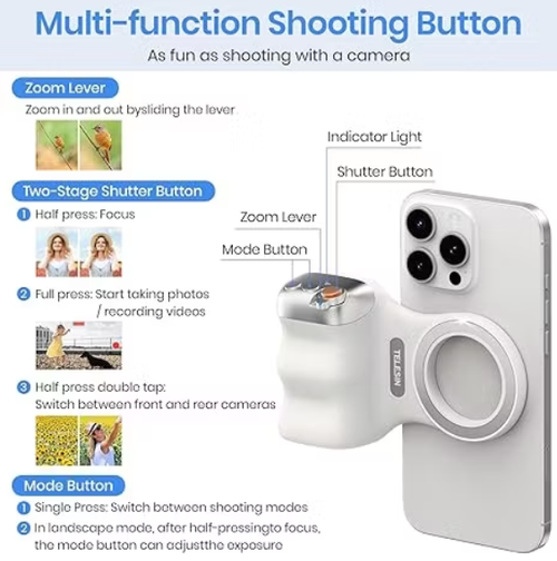 Magnetic Phone Camera Grip, Smartphone Shooting Holder Selfie Handle Snap with Wireless Shutter Button Cellphone Vlog Video Photography