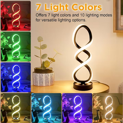 Modern Table Lamp, 7 Colors 10 Light Modes Spiral Design Table Lamp, Touch Dimmable Nightstand Lamp