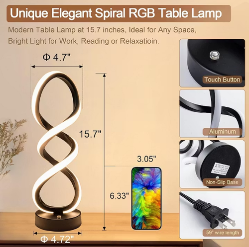 Modern Table Lamp, 7 Colors 10 Light Modes Spiral Design Table Lamp, Touch Dimmable Nightstand Lamp