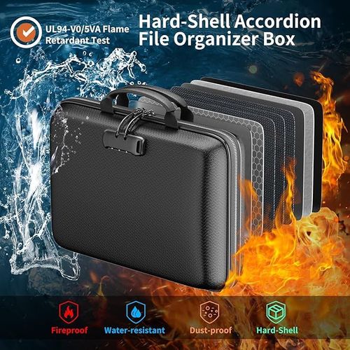 DocSafe Fireproof File Organizer with Lock, Hard-Shell Case Fireproof Document Box with 13 Pocket Accordion File Folder, Portable Home Office Travel Safe Storage for Important Documents Laptop Black