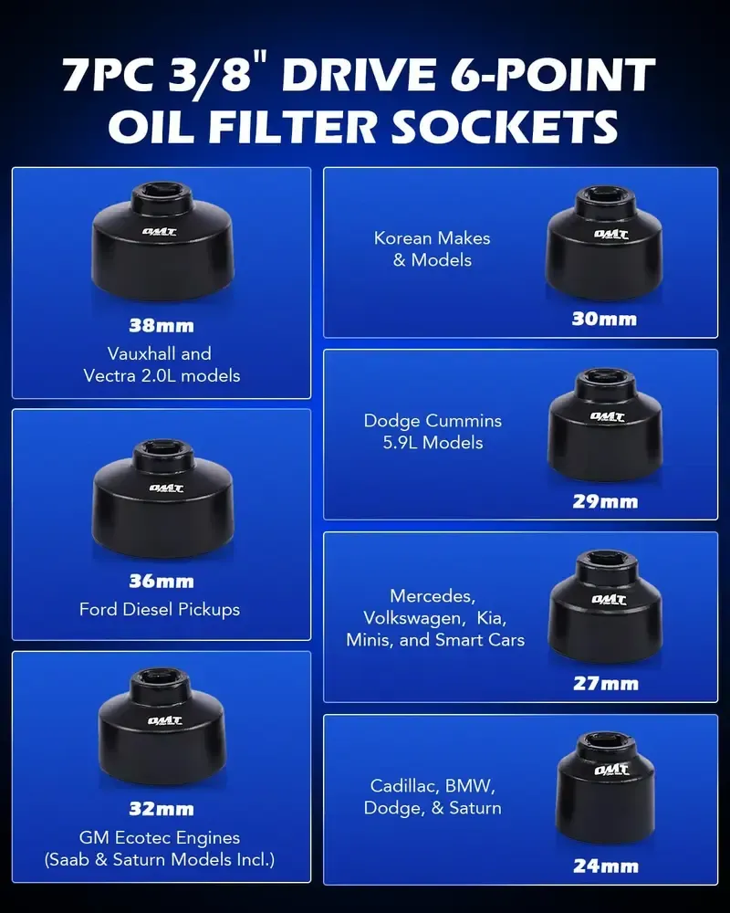 Orion Motor Tech Oil Filter Wrench Socket Set 10pc  Drive Low Profile, Oil Filter Cap Remove and Install Tool Kit,24mm,27mm, 29mm, 30mm, 32mm, 36mm, 38mm CR-V Compatible with Toyota VW BMW Mercedes, Automotive Maintenance ​