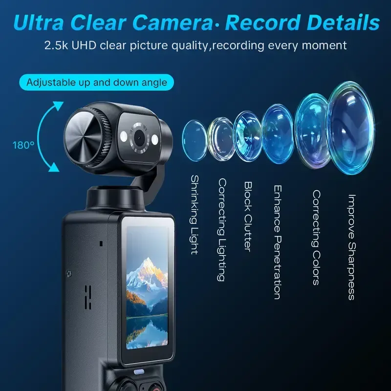 Vlogging Camera, Portable 2.5K Ultra HD Video Recorder with 180° Rotating Lens, Handheld Stabilizer Pocket Camera