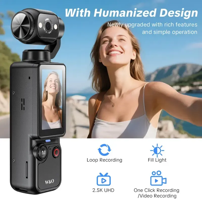 Vlogging Camera, Portable 2.5K Ultra HD Video Recorder with 180° Rotating Lens, Handheld Stabilizer Pocket Camera