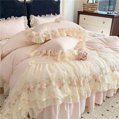 French-style light luxury princess feng shui washed cotton four-piece bedding set