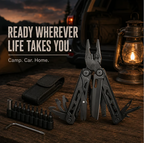 28-in-1 Camping Multi-Tool with Full-Size Scissors & Carrying Pouch