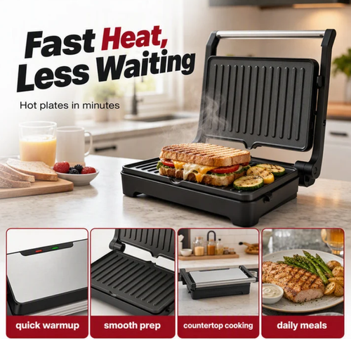 Electric Sandwich Press and Panini Maker with 180-Degree Flat Grill