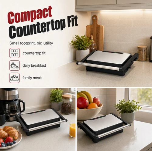 Electric Sandwich Press and Panini Maker with 180-Degree Flat Grill