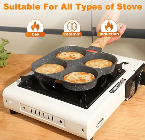 🔥💥Non-stick Egg Frying Pan, 4 Holes Skillet With Handle, Multifunctional, Wooden Handle Aluminum alloy Omelet Non-stick Cookware frying pan