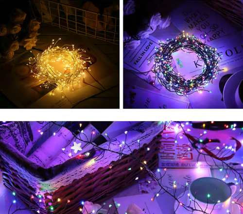 LED Copper Wire Firecracker Light String6m 200W LED - Waterproof Battery Box, 8-Function Remote Control