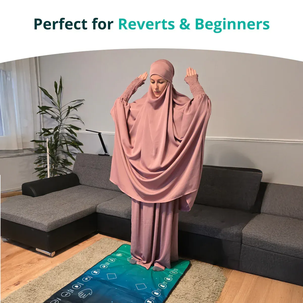 Adults & Reverts Interactive Prayer Mat (Teal) | Learn Salah Step by Step