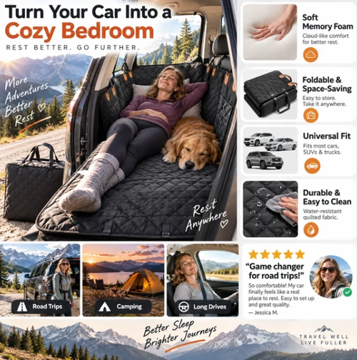 Car Rear-Seat Memory Foam Travel Mattress‑Foldable SUV Sedan Truck Camping Bed, Portable Non-Inflatable Car Sleeping Pad for Road Trips & Camping